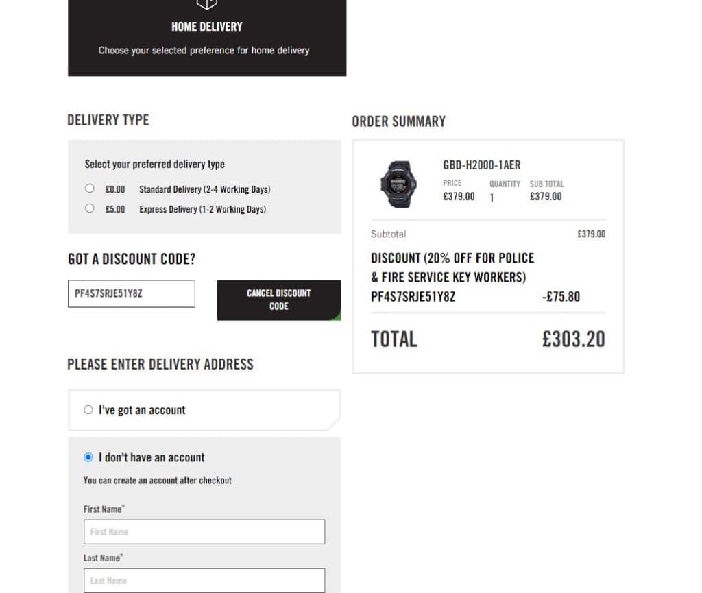 example of g shock discount code used in the voucher box