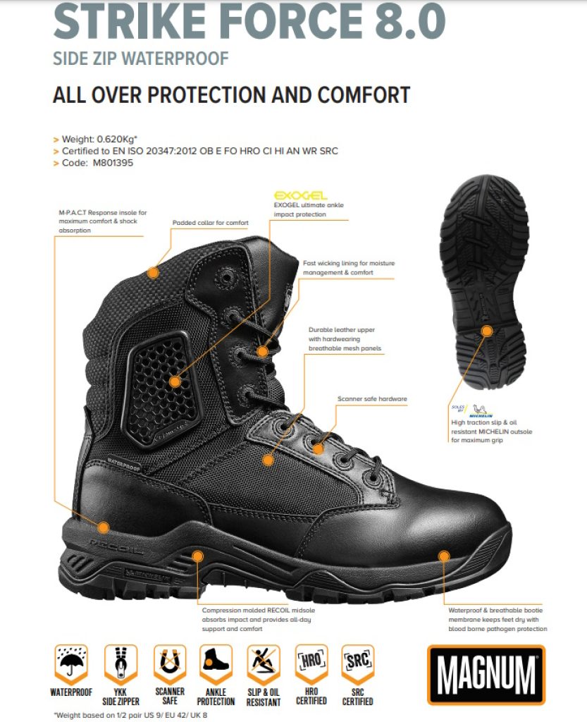 The specification sheet for Magnum Strike Force Boots